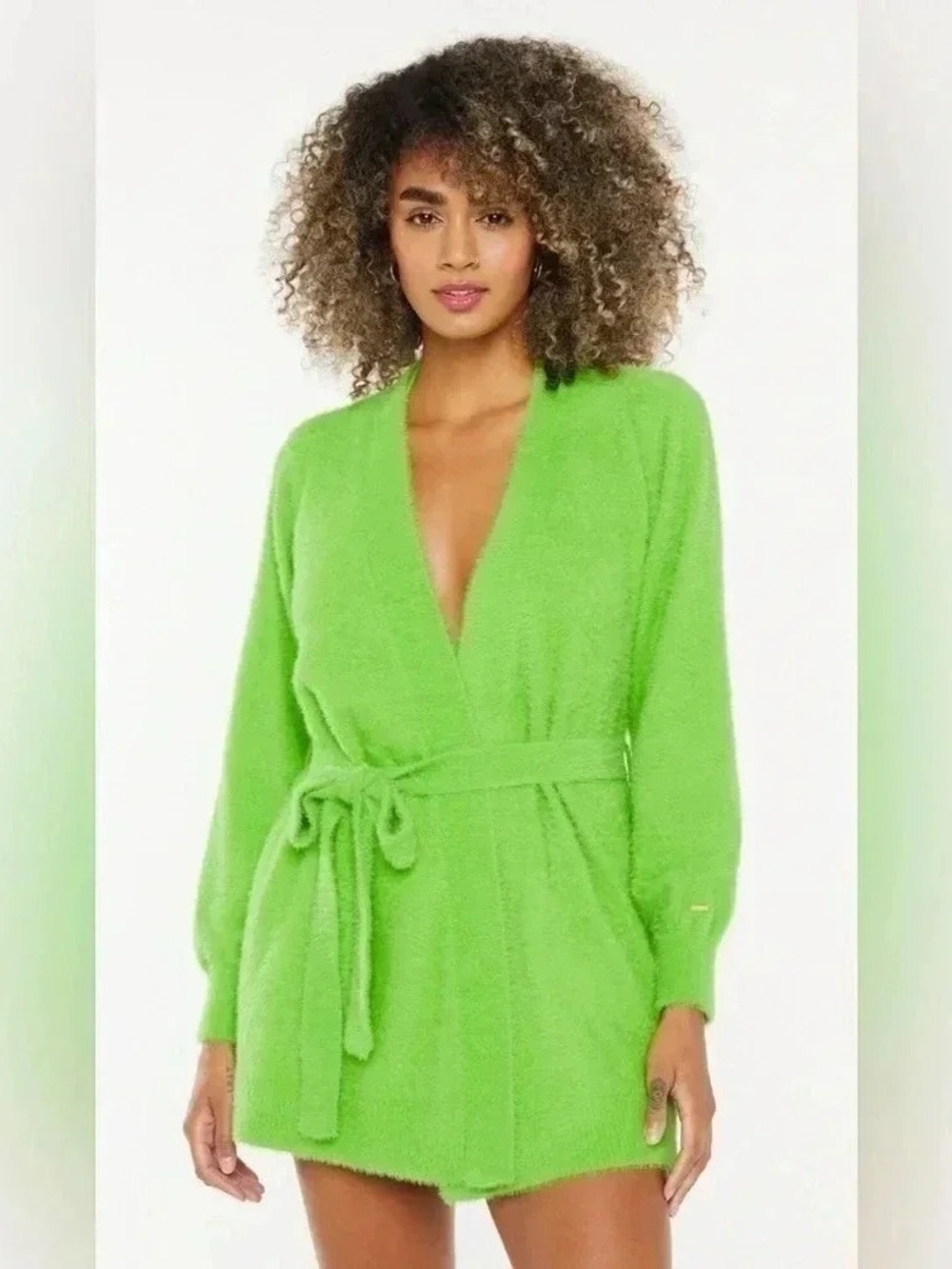 Plush Tie-Waist Robe Cardigan, Slip, And Thigh High Socks -3 Pc Lime Green